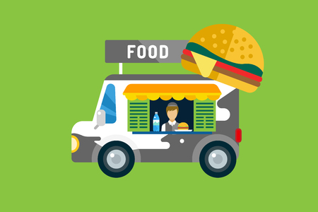 Fast food car icon. Meat grilled product, hot dogs, hamburger, auto transport, transportation, mobile restaurant, fast food, lunch time. Design elements.  Isolated on greenのイラスト素材