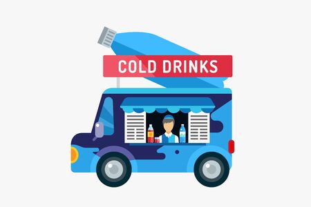Water shop food car icon. Nature product, vitamin symbol, auto restaurant, mobile kitchen, fresh nature drinks, fastfood, blue, vegans. Design elements.  Isolated on whiteのイラスト素材
