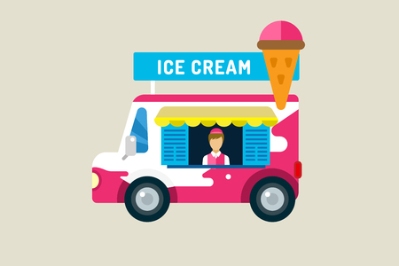 Ice cream car icon. Cold milk product, vanilla symbol, auto transport, transportation, mobile restaurant, fast food, kids desserrt. Design elements.  Isolated on whiteのイラスト素材