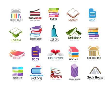 Book vector logo template set. Back to school. Education, university, college symbol or knowledge, books stack, publish, page paper. Design element. Isolated on whiteのイラスト素材