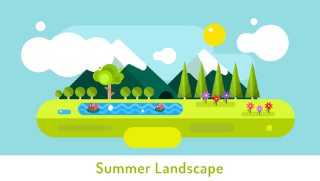 Abstract outdoor summer landscape. Trees and nature signs or outdoor, mountains, river or lake, sun, clouds, flowers, cave. Design elementsのイラスト素材
