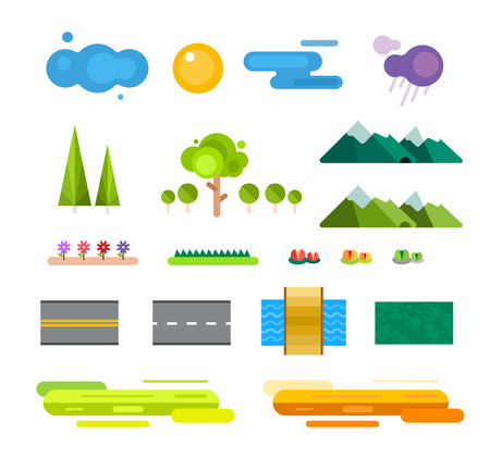 Abstract landscape constructor icons set. Buildings, houses, trees and architecture signs for map, game, texture, mountains, river, sun. Design element. Isolated on whiteのイラスト素材