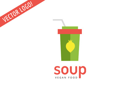 Vegan eco soup pack logo icon. Nature product, food symbol or vitamin, hot fastfood, green, vegetables. Design element. Isolated on whiteのイラスト素材