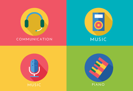 Music vector logo icons set. Player, piano, sound, microphone and headphone, radio. Keys or buttons, dj party, note music icons. Vector logo. Stocks design elementsの写真素材