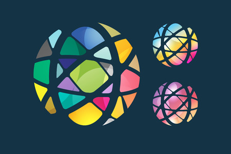 Vector globe abstract logo template. Circle round shape and earth symbol, geometric icon, creative idea or flow, lines, web net. Company logotype. Stock illustrationのイラスト素材