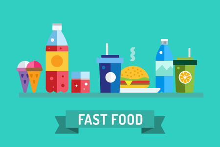 Fast food vector objects set. Water bottle, juice, eat, ice cream, hamburger, hot dogs, mobile food or restaurant, fast food, lunch time. Design elementsのイラスト素材