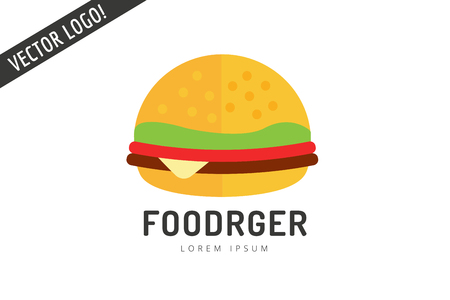 Fast food hamburger logo icon. City restaurant. Meat grilled product, hot dogs, hamburger, auto transport, transportation, mobile restaurant, fast food, lunch time. Design elements. Isolated on whiteのイラスト素材