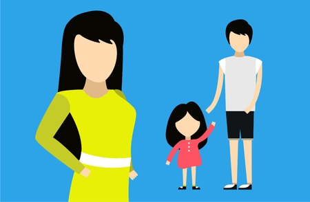 Happy family together. Portret, home, happy. Mother, father, girl. Family time, summer, vacation. Relationships. People cartoon charactersのイラスト素材
