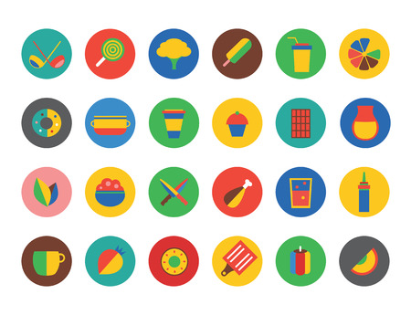 Food Icons set. Fruit, kitchen, food and drinks, meat, cup, eating, fork, spoon, vegetables, pot, natural food, vegan food, milk, soup, wine, chef hat, coffee cup. Logo iconsの写真素材