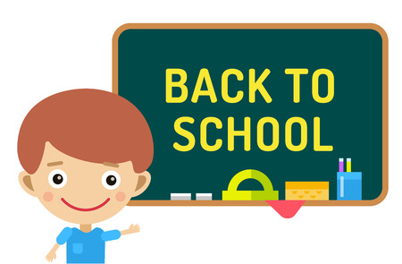 Back to school background.  Cute vector cartoon boy staying near class room board. School uniform, university, board and chalk, preschool and education, small kids, teens, smile face, people silhouette, abstract people kids. Welcome to school background.のイラスト素材