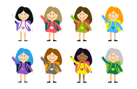Cute vector cartoon girls from different countries playing on white. School uniform, university building, education, school kids, teens. Welcome to school. Back to school background.のイラスト素材