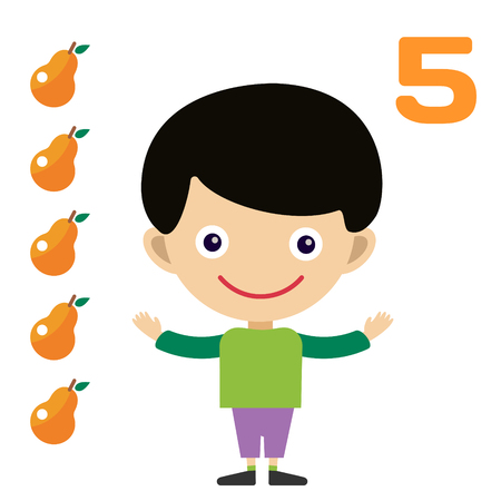 Vector cartoon boy learning game card. Education math cards with fruits and vegetables. Kids boy help to kids learning numbers. Kids school materials. Easy count gameの写真素材