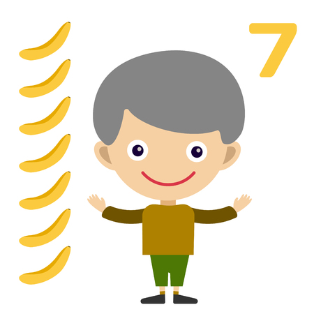 Vector cartoon boy learning game card. Education math cards with fruits and vegetables. Kids boy help to kids learning numbers. Kids school materials. Easy count gameの写真素材