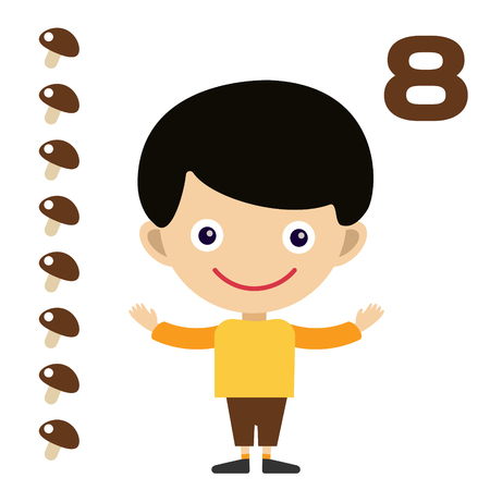 Vector cartoon boy learning game card. Education math cards with fruits and vegetables. Kids boy help to kids learning numbers. Kids school materials. Easy count gameの写真素材