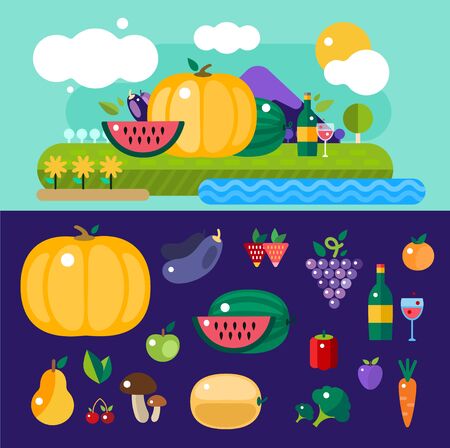 Harvest time vector illustration. Harvest fruits and vegetables. Harvest basket and harvest isolated objects. Harvesting. Harvest background vector. Harvest  autumn season.の写真素材