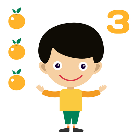 Vector cartoon boy learning game card. Education math cards with fruits and vegetables. Kids boy help to kids learning numbers. Kids school materials. Easy count gameのイラスト素材