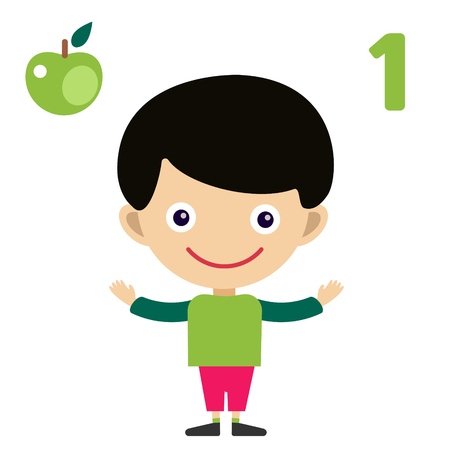 Vector cartoon boy learning game card. Education math cards with fruits and vegetables. Kids boy help to kids learning numbers. Kids school materials. Easy count gameのイラスト素材