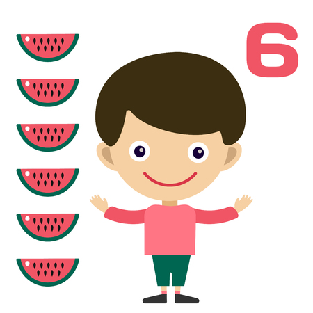 Vector cartoon boy learning game card. Education math cards with fruits and vegetables. Kids boy help to kids learning numbers. Kids school materials. Easy count gameのイラスト素材