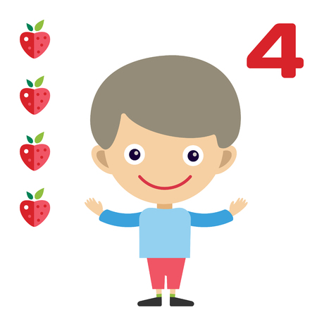 Vector cartoon boy learning game card. Education math cards with fruits and vegetables. Kids boy help to kids learning numbers. Kids school materials. Easy count gameのイラスト素材