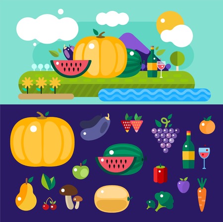 Harvest time vector illustration. Harvest fruits and vegetables. Harvest basket and harvest isolated objects. Harvesting. Harvest background vector. Harvest  autumn season.のイラスト素材