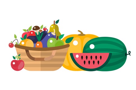 Harvest time vector illustration. Harvest fruits and vegetables. Harvest basket and harvest isolated objects. Harvesting. Harvest background vector. Harvest  autumn season.のイラスト素材