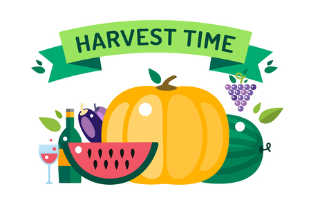 Harvest time vector illustration. Harvest fruits and vegetables. Harvest basket and harvest isolated objects. Harvesting. Harvest background vector. Harvest  autumn season.のイラスト素材