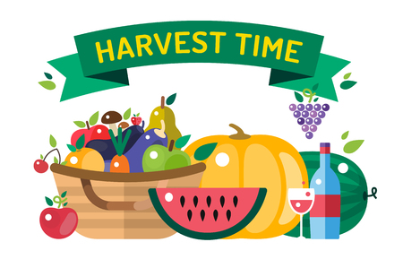 Harvest time vector illustration. Harvest fruits and vegetables. Harvest basket and harvest isolated objects. Harvesting. Harvest background vector. Harvest  autumn season.のイラスト素材