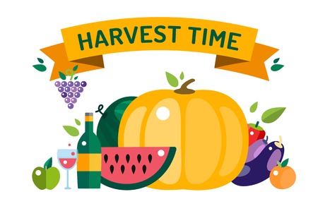 Harvest time vector illustration. Harvest fruits and vegetables. Harvest basket and harvest isolated objects. Harvesting. Harvest background vector. Harvest  autumn season.のイラスト素材
