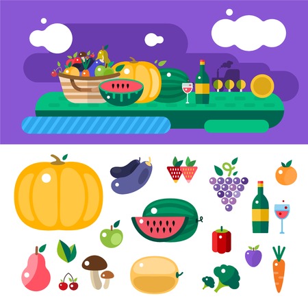 Harvest time vector illustration. Harvest fruits and vegetables. Harvest basket and harvest isolated objects. Harvesting. Harvest background vector. Harvest  autumn season.のイラスト素材