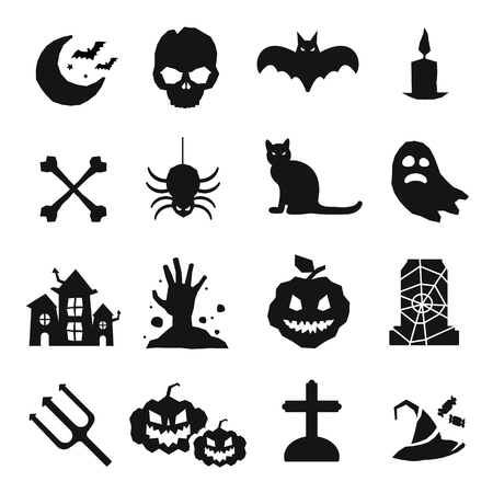 Halloween vector icons set. Pumpkin head, witch broom, candy and halloween hat. Black halloween icons set, halloween silhouette for helloween party design. Helloween night, ghost, black cat, zombieのイラスト素材