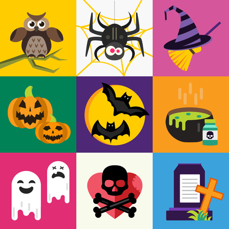 Halloween vector icons set. Pumpkin head, witch broom, candy and halloween hat. Black halloween icons set, halloween silhouette for helloween party design. Helloween night, ghost, black cat, zombieのイラスト素材