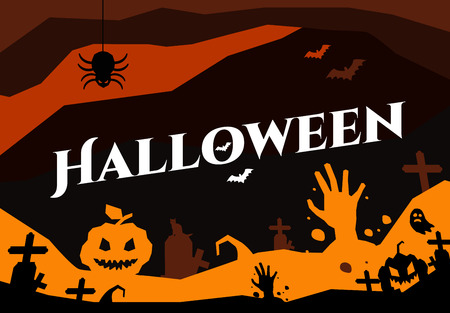 Halloween vector background. Pumpkin head, zoombie hand, halloween symbols. Black and red halloween colors, halloween silhouette for halloween party flyer design. Halloween night background, ghost, black cat, zombieのイラスト素材