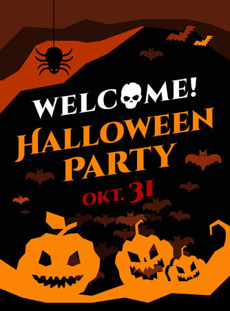 Halloween vector background. Pumpkin head, zoombie hand, halloween symbols. Black and red halloween colors, halloween silhouette for halloween party flyer design. Halloween night background, ghost, black cat, zombieのイラスト素材