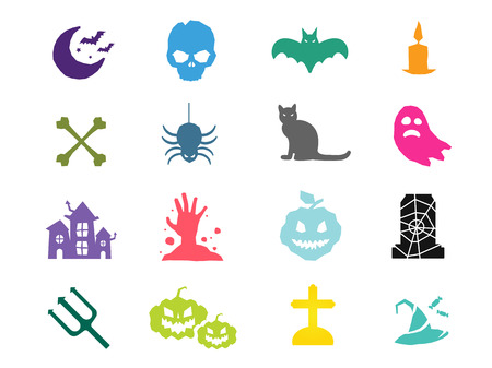 Halloween vector icons set. Pumpkin head, witch broom, candy and halloween hat. Black halloween icons set, halloween silhouette for halloween party design. Halloween night, ghost, black cat, zombieのイラスト素材