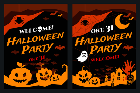 Halloween vector background. Pumpkin head, zoombie hand, halloween symbols. Black and red halloween colors, halloween silhouette for halloween party flyer invite card design. Halloween night background, ghost, black cat, zombieのイラスト素材