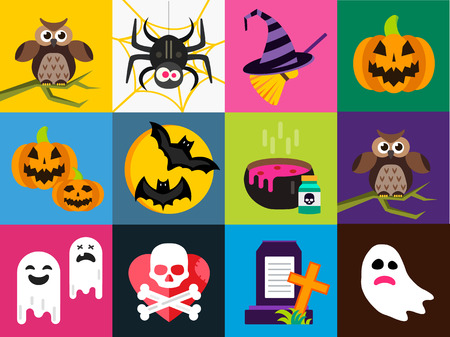 Halloween vector icons set. Pumpkin head, witch broom, candy and halloween hat. Black halloween icons set, halloween silhouette for halloween party design. Halloween night, ghost, black cat, zombieのイラスト素材