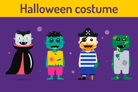 Set of halloween costume characters, vector halloween mascots. Halloween kids costume, vampire, zombie, pirate cartoon characters. Halloween characters isolated on background. Cute flat simple styleのイラスト素材