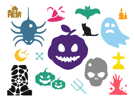 Halloween vector icons set. Pumpkin head, witch broom, candy and halloween hat. Black halloween icons set, halloween silhouette for halloween party design. Halloween night, ghost, black cat, zombieのイラスト素材