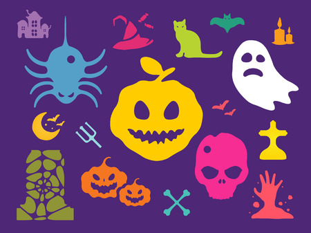 Halloween vector icons set. Pumpkin head, witch broom, candy and halloween hat. Black halloween icons set, halloween silhouette for halloween party design. Halloween night, ghost, black cat, zombieのイラスト素材