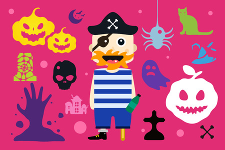Set of halloween costume characters, vector halloween mascots. Halloween kids costume. Pumpkin, bat, party,  pirate, characters. Halloween characters isolated on background. Cute flat simple styleのイラスト素材