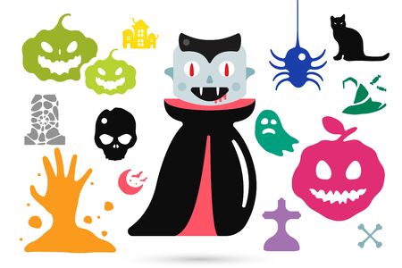 Set of halloween costume characters, vector halloween mascots. Halloween kids costume. Pumpkin, bat, party,  zombie, vampire, acters. Halloween characters isolated on background. Cute flat simple styleのイラスト素材
