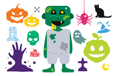 Set of halloween costume characters, vector halloween mascots. Halloween kids costume. Pumpkin, bat, party,  zombie, vampire, acters. Halloween characters isolated on background. Cute flat simple styleのイラスト素材