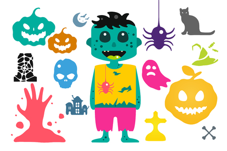 Set of halloween costume characters, vector halloween mascots. Halloween kids costume. Pumpkin, bat, party,  zombie, vampire, acters. Halloween characters isolated on background. Cute flat simple styleのイラスト素材