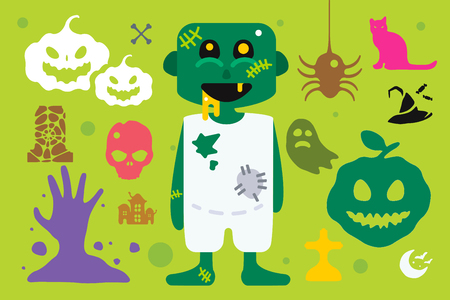 Set of halloween costume characters, vector halloween mascots. Halloween kids costume. Pumpkin, bat, party,  zombie, vampire, acters. Halloween characters isolated on background. Cute flat simple styleのイラスト素材
