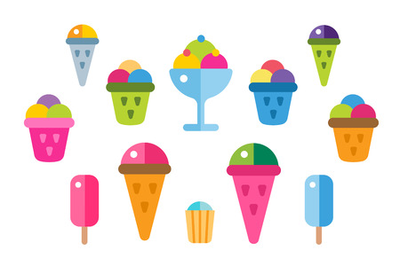 Ice cream vector icons set. Icecream isolated vectors. Candy ice cream. Tasty frozen, cartoon vector, set. Ping, red, blue, green, red ice cream. Ice cream scoops icons. Ice cream shopのイラスト素材
