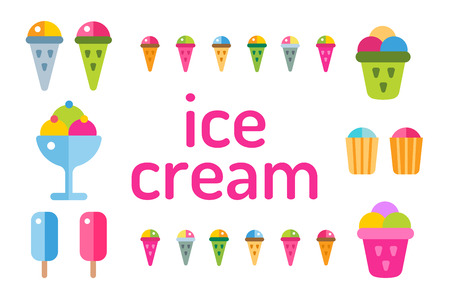 Ice cream vector icons set. Icecream isolated vectors. Candy ice cream. Tasty frozen, cartoon vector, set. Ping, red, blue, green, red ice cream. Ice cream scoops icons. Ice cream shopのイラスト素材
