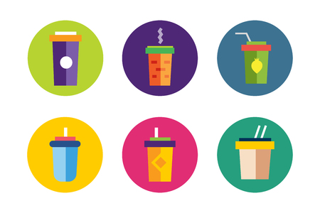 Flat soup vector icons collection. Soup box, soup bowl, soup icon, soup logo, soup set, food and drinks. Soup for vegans. healthy food, nature food, green eco products, asian soup box. Take out restaurant food iconsのイラスト素材