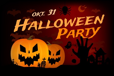 Halloween party vector background. Pumpkin head, zoombie hand, halloween symbols. Black and red halloween colors, halloween silhouette for halloween party flyer invite card design. Halloween night background, ghost, black cat, zombieのイラスト素材