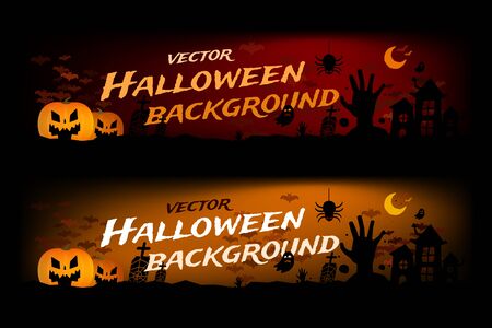 Halloween vector background. Pumpkin head, zombie hand, halloween symbols. Halloween silhouette for halloween party flyer invite card design. Halloween night background, ghost, banner, zombieのイラスト素材