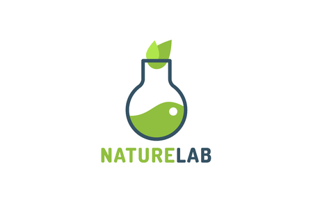 Laboratory ecology vector logo. Lab eco icon logo isolated. Chemicals, nature logo, natural logo, science logo icon, technology logo, eco green icon logo. laboratory glassware and leavesのイラスト素材